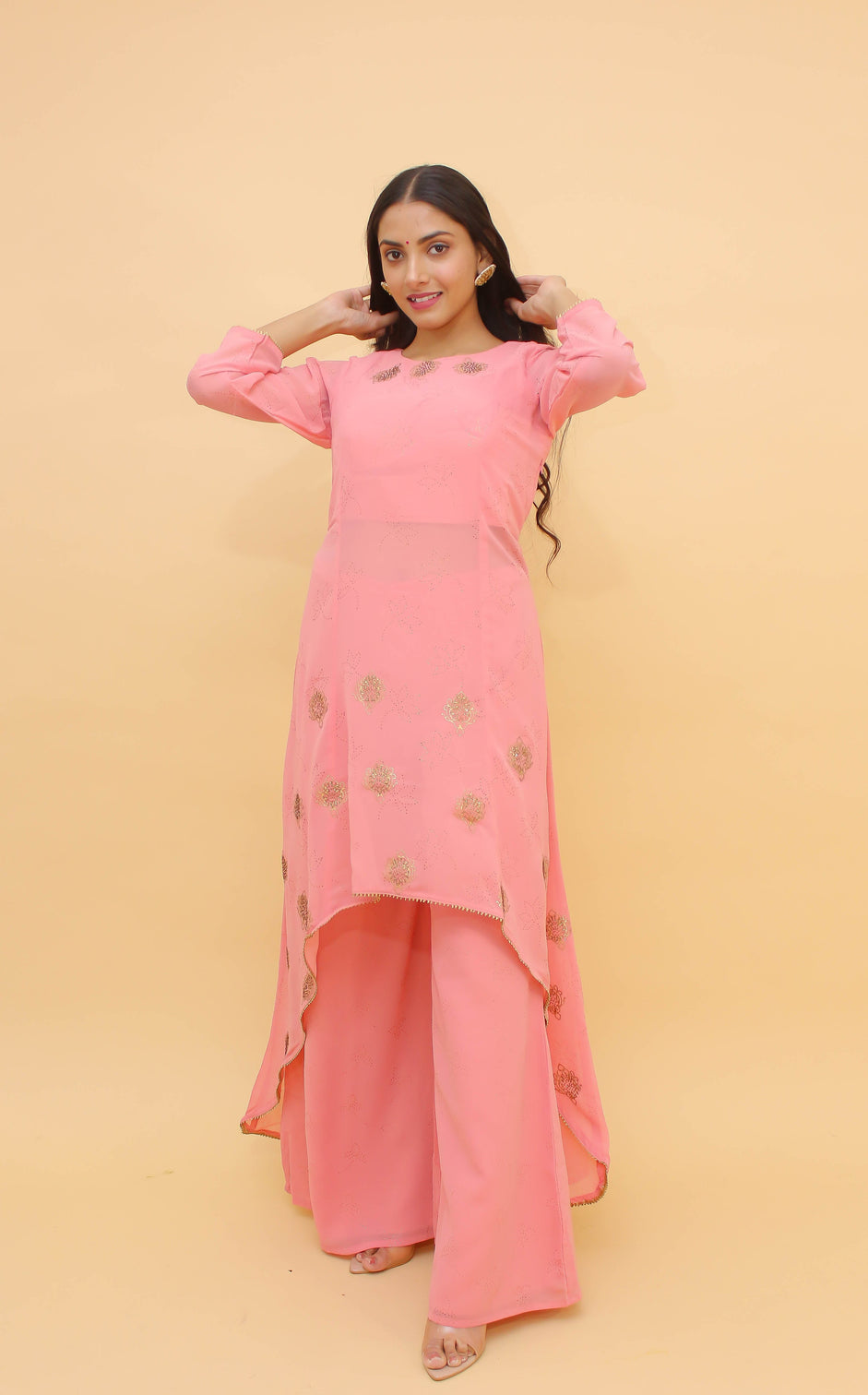 Baby Pink Pakistani Georgette Plazo Suit For Indian Festival & Weddings - Rubber Print Work, Swarovski Work