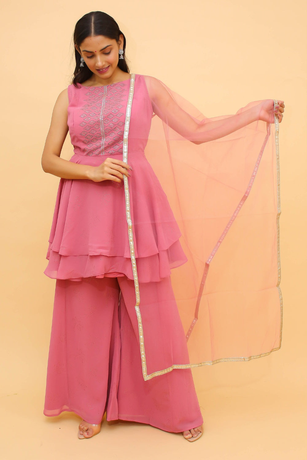 Baby Pink Pakistani Georgette Plazo Suit For Indian Festival & Weddings Swarovski Work