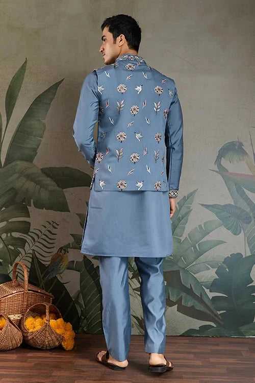 Blue Gray Open Koti Style Full Kurta Pajama Set for Men