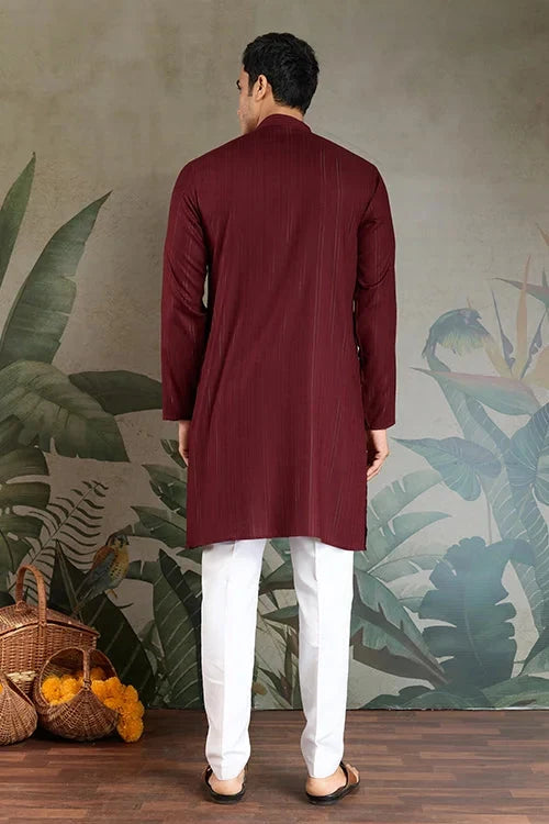 Traditional Maroon Mirror Embroidered Kurta with Dupatta