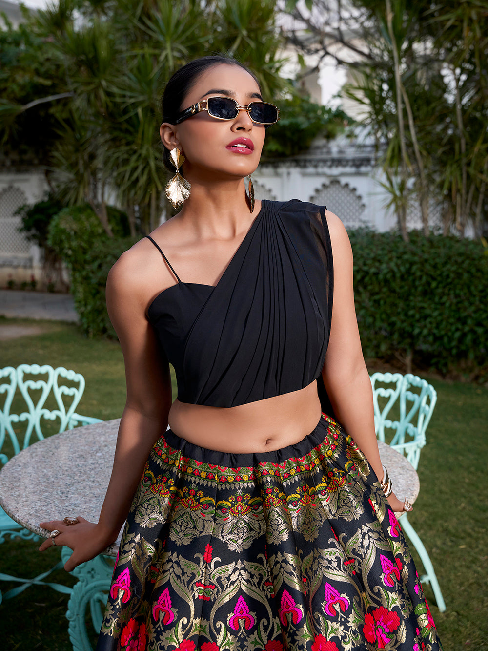 Black banarasi silk crop top lehenga with zari weaving attached dupatta