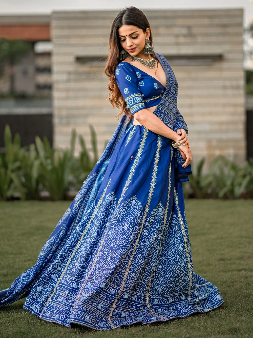 Navy blue vaishali silk bandhani print lehenga choli with gota patti dupatta