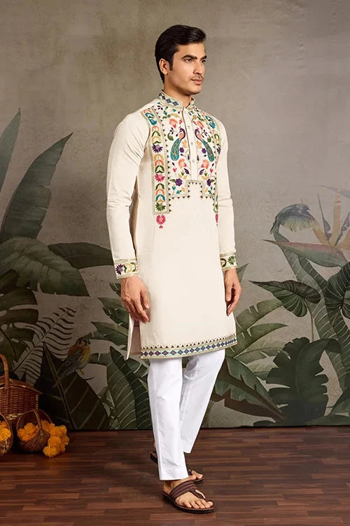 Beige Color Special Embroidered Kurta for Mens Wear