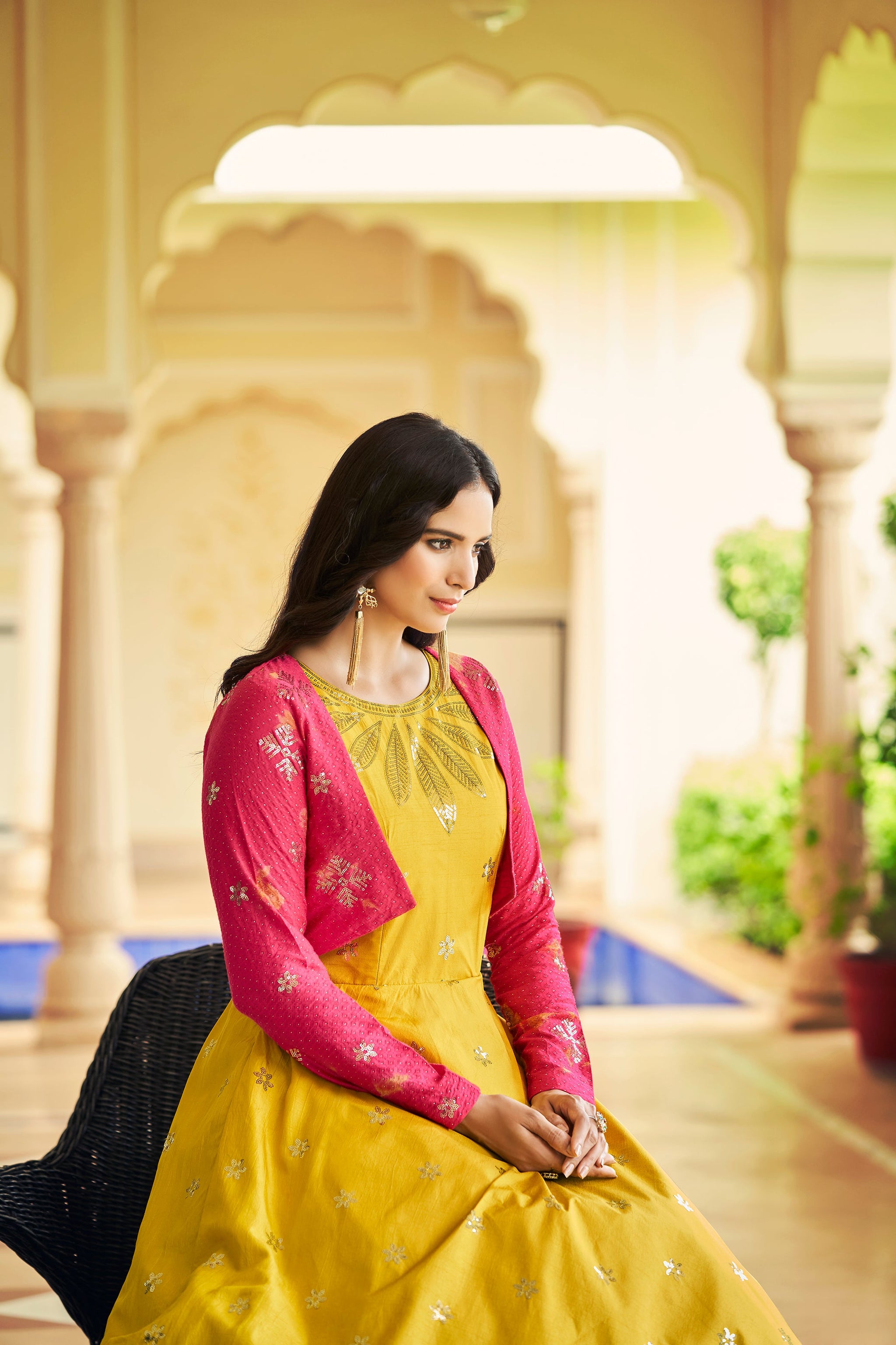 Beautiful Sequence Work Yellow With Rani Color Gown With Koti