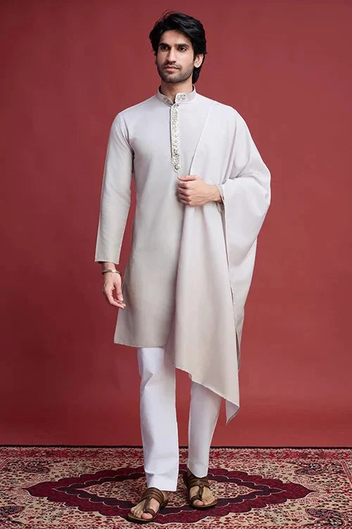 Designer Beige Kurta Set for Men with Mirror Work