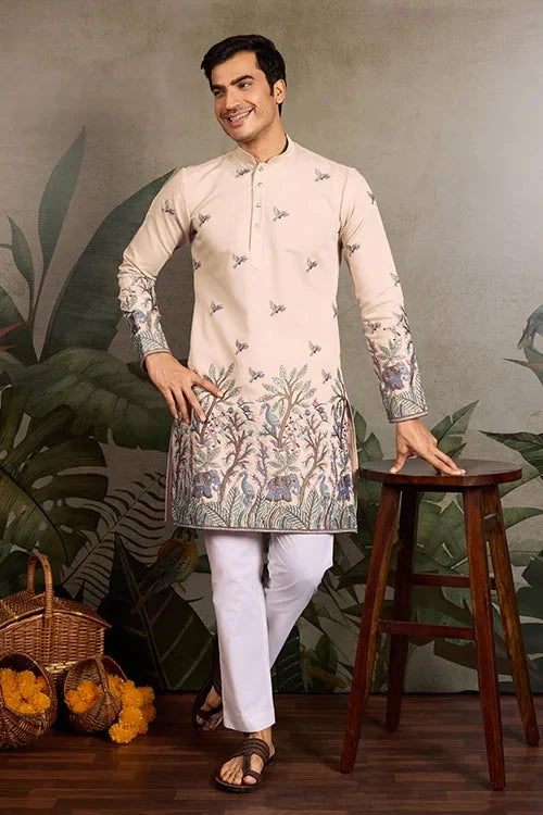 Beige Embroidered Work Beautiful Kurta for Men