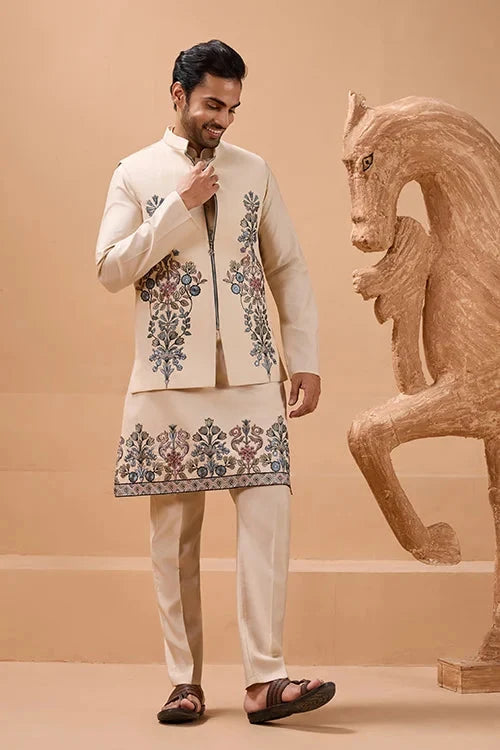 Tendy Beige Wedding Special Koti Kurta Set for Mens Wear