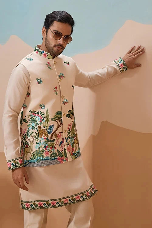 Latest Beige Color Koti Kurta Set for Mens Wear Collection