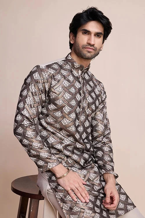 Stylish Beige Men's Kurta with Intricate Thread Detailing