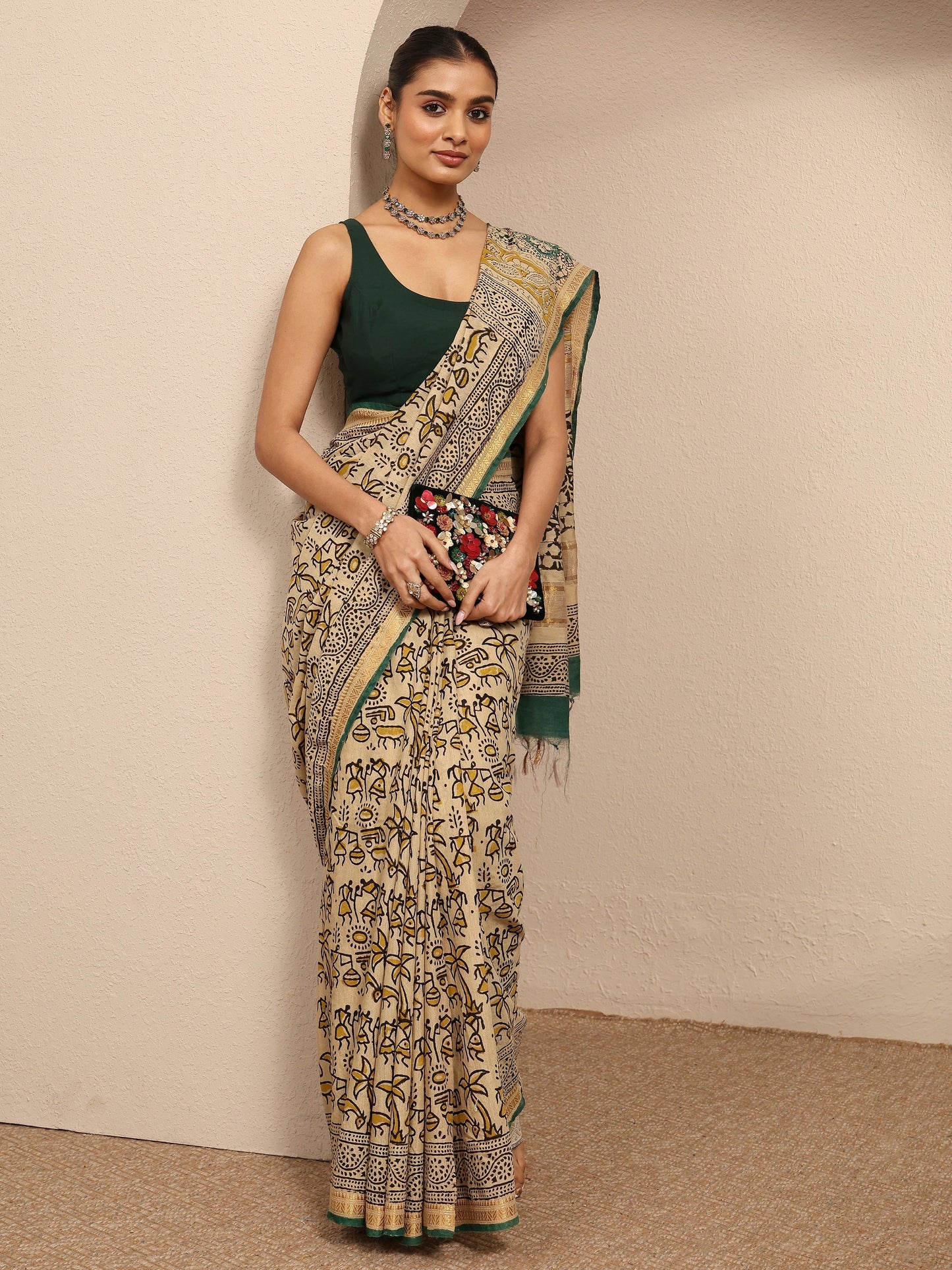 Libas Beige Tribal Printed Cotton Saree With Unstitched Blouse Piece