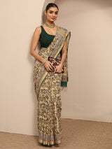 Libas Beige Tribal Printed Cotton Saree With Unstitched Blouse Piece
