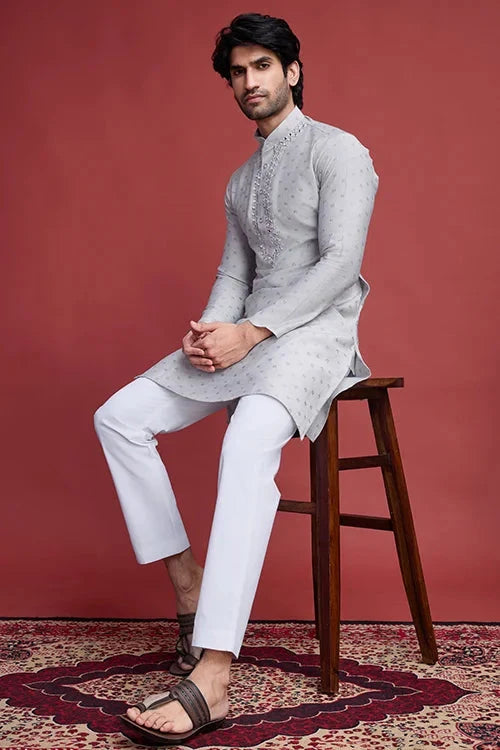 Beige Viscose Men’s Kurta - Mirror Work Design