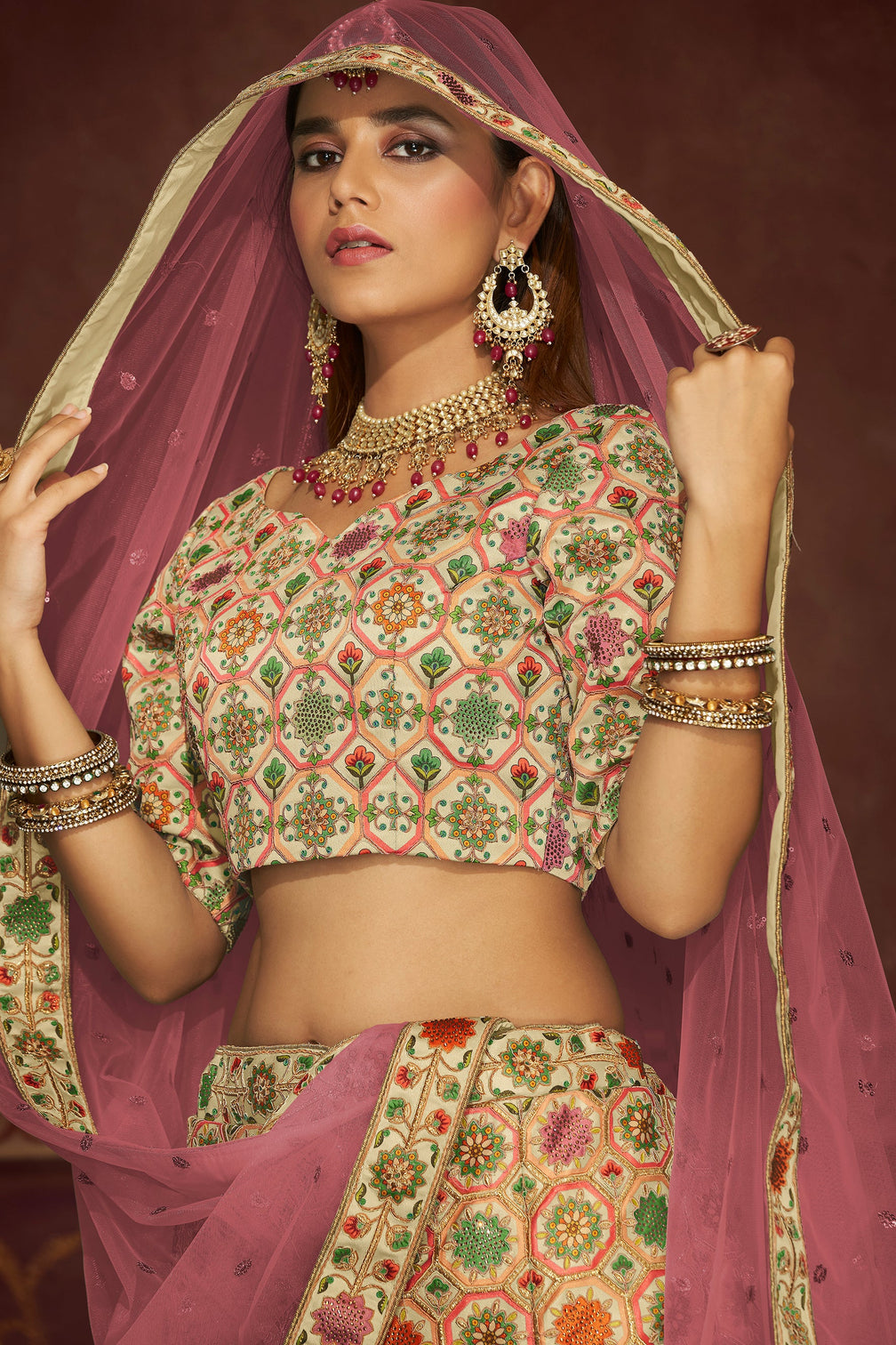 Beige Art Silk Floral Wedding Lehenga Choli With Pink Dupatta