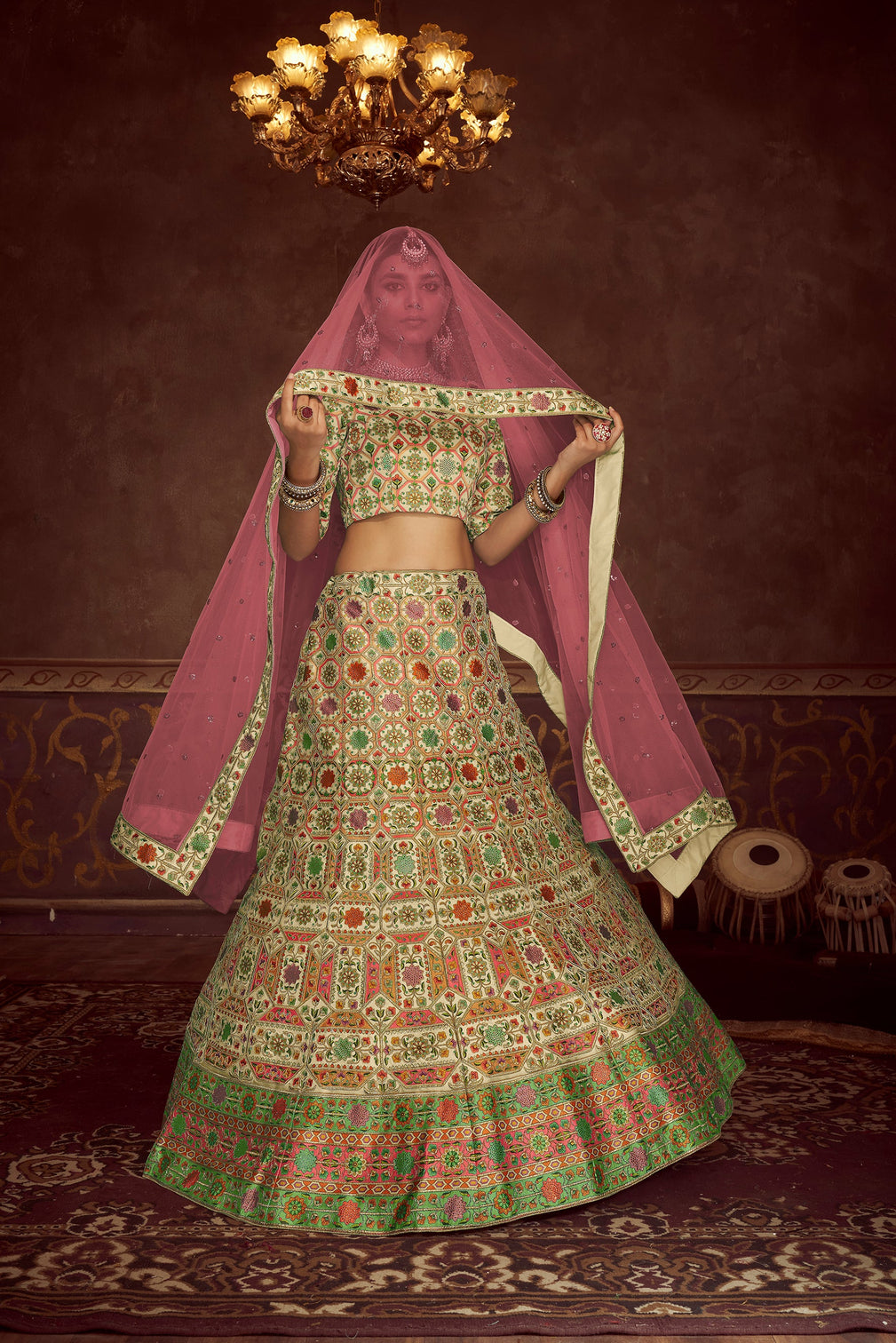 Beige Art Silk Floral Wedding Lehenga Choli With Pink Dupatta