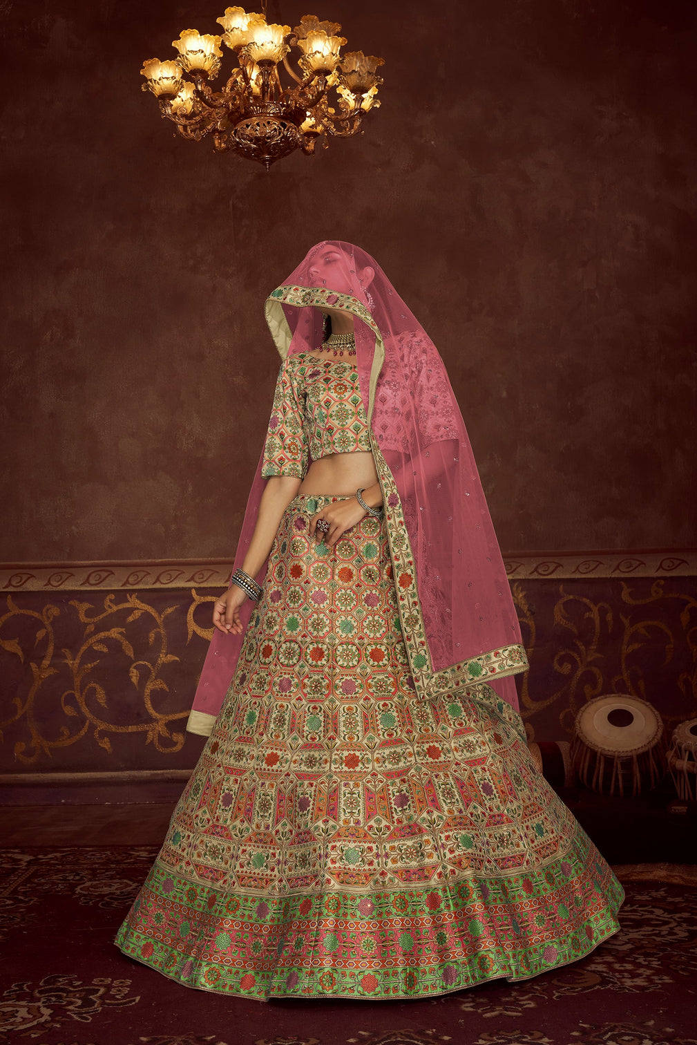Beige Art Silk Floral Wedding Lehenga Choli With Pink Dupatta