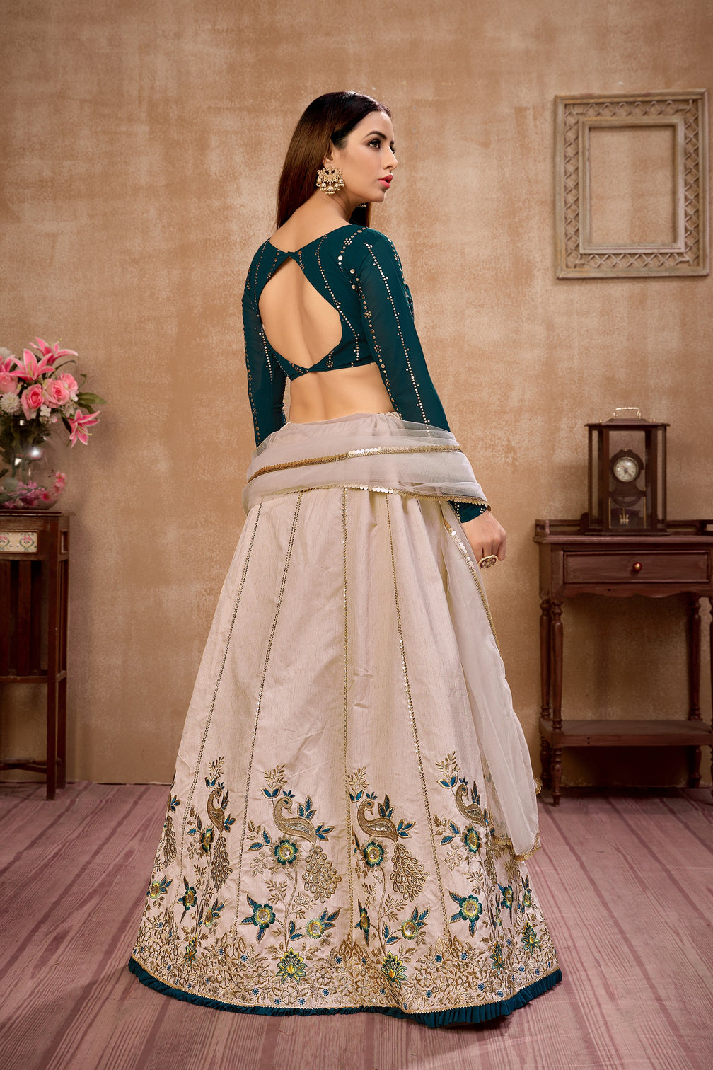 Beige Embroidered Art Silk Wedding Wear Lehenga Choli