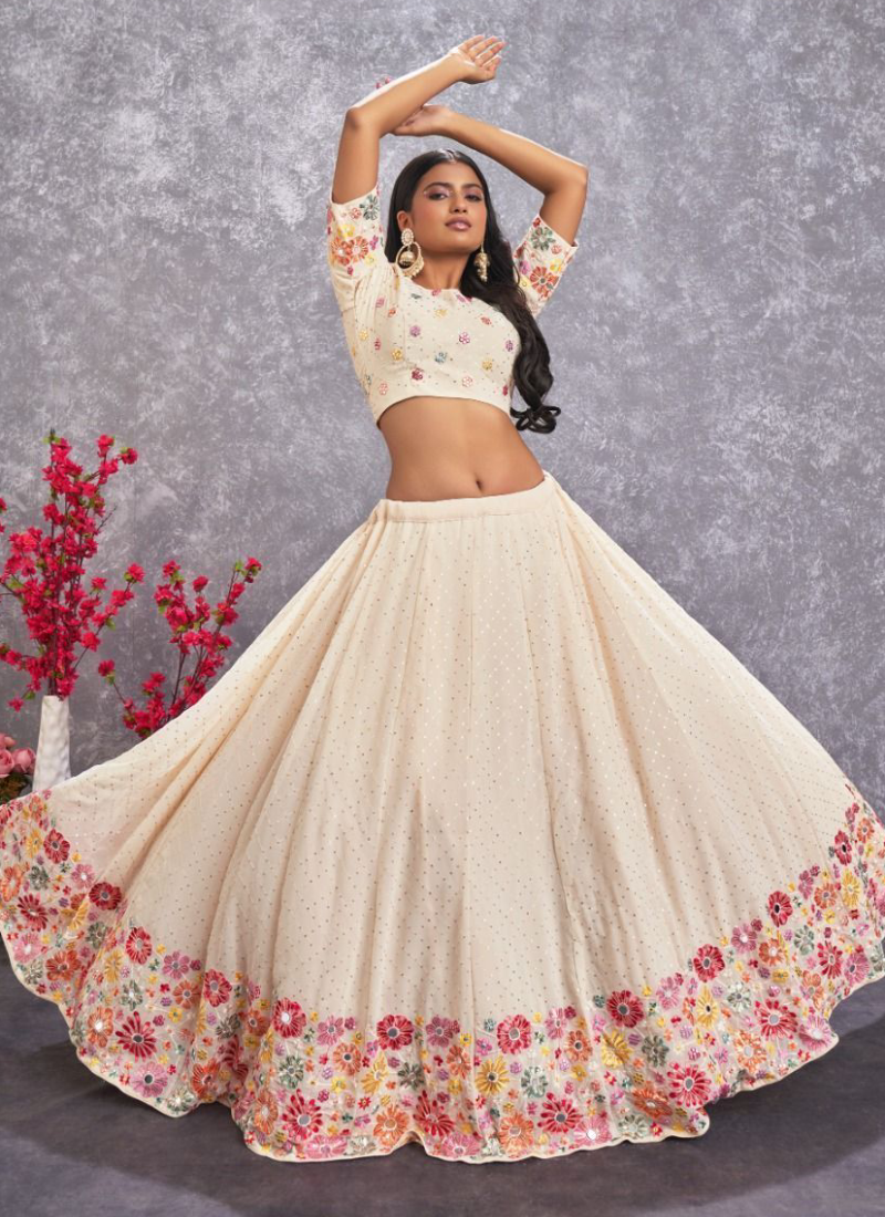 Beige Georgette Embroidered Lehenga Choli For Wedding