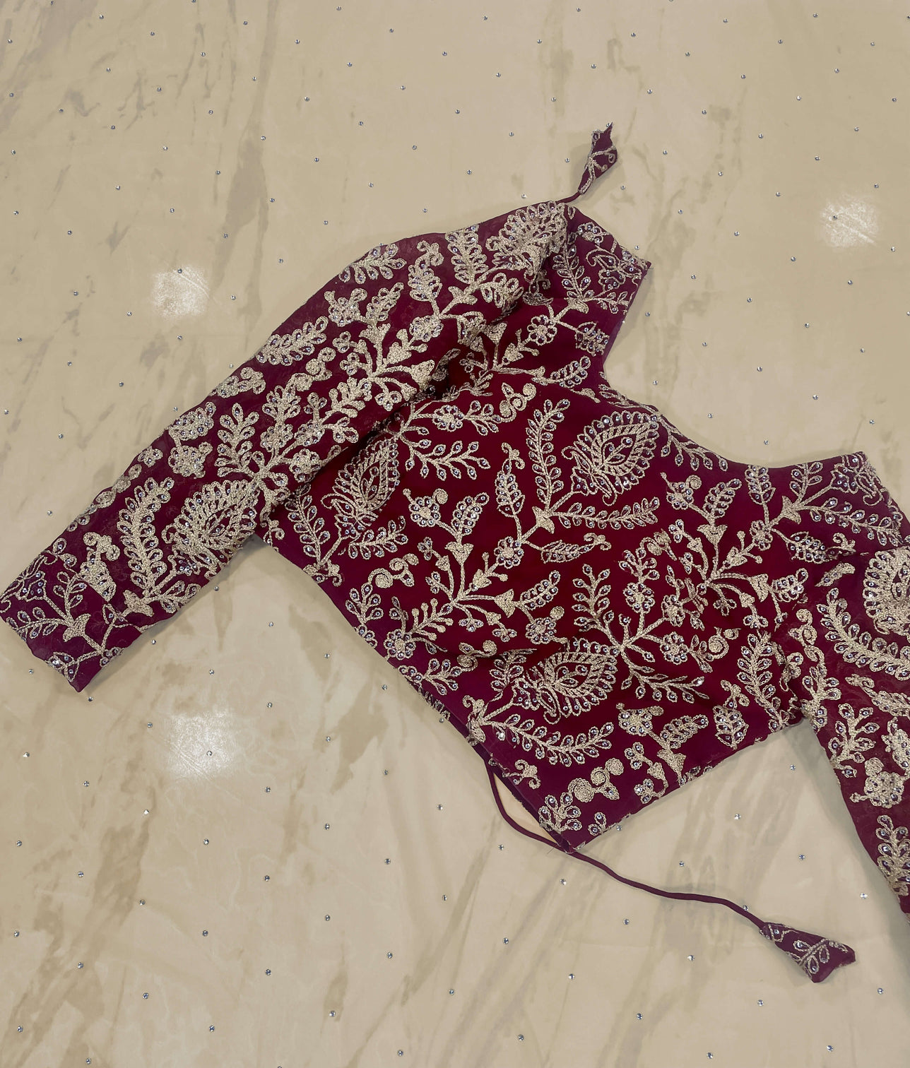 Beige Saree in Georgette With Heavy Embroidery And Maroon Blouse