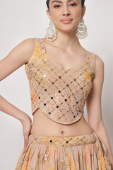 Beige Georgette Print With Sequins Embroidered Work Lehenga Choli
