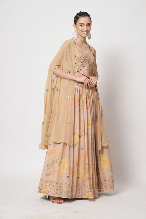 Beige Georgette Print With Sequins Embroidered Work Lehenga Choli