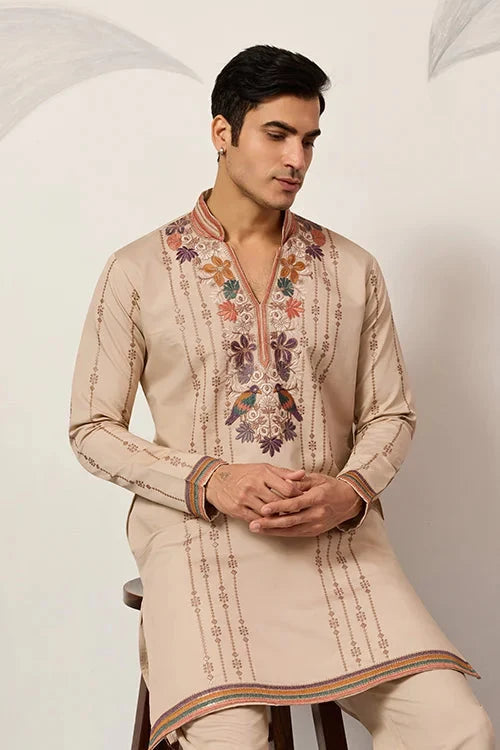 Premium Beige Embroidered V Neck Kurta Pant Set