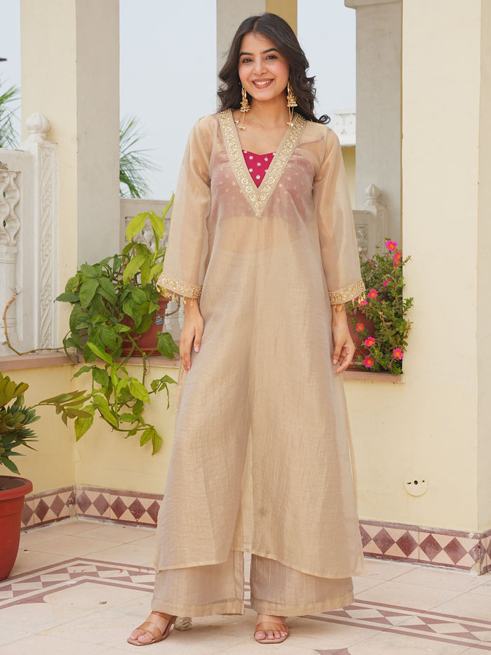 Golden tissue 3 piece kurta set with lace work mameraa