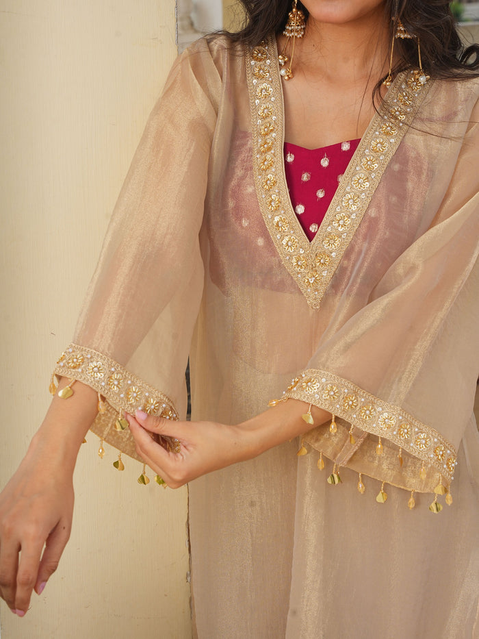 Golden tissue 3 piece kurta set with lace work