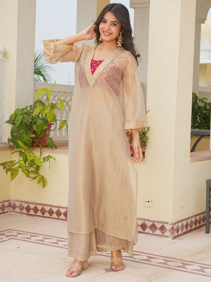 Golden tissue 3 piece kurta set with lace work