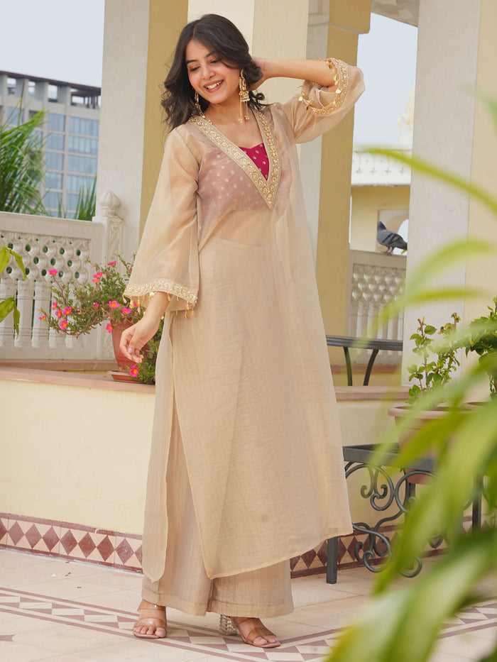 Golden tissue 3 piece kurta set with lace work