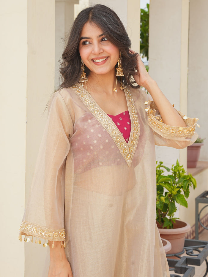 Golden tissue 3 piece kurta set with lace work