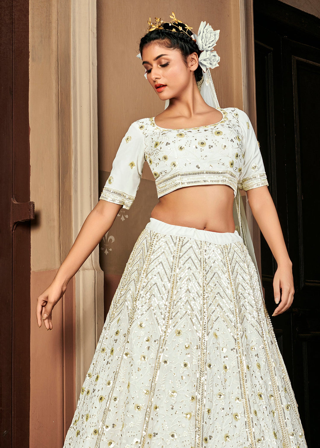 Bewitching Pearl-White Sequins Embroidered Georgette Wedding Lehenga