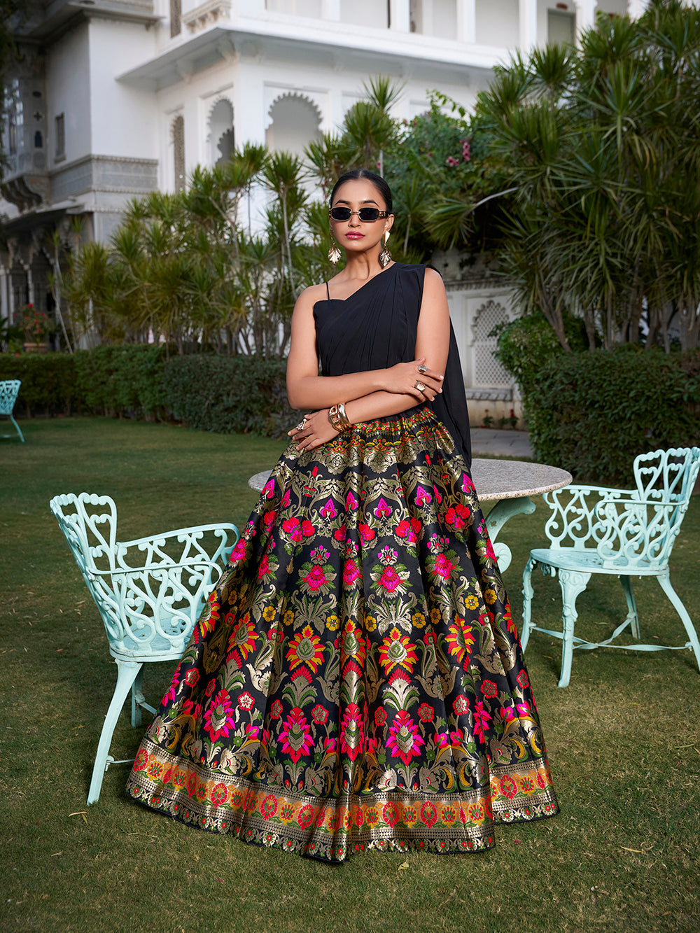 Black banarasi silk crop top lehenga with zari weaving attached dupatta