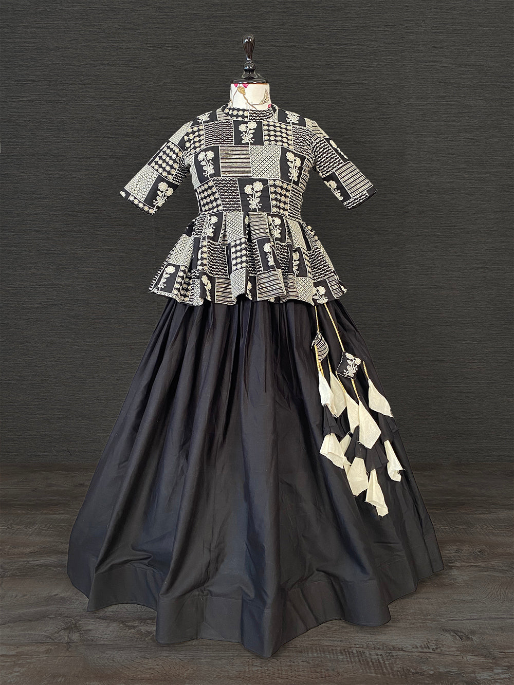 Black Color Pure Cotton Two Piece Lehenga With Lucknowi Work Choli