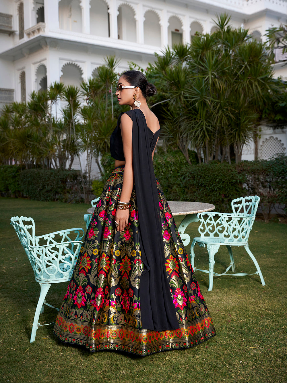 Black banarasi silk crop top lehenga with zari weaving attached dupatta