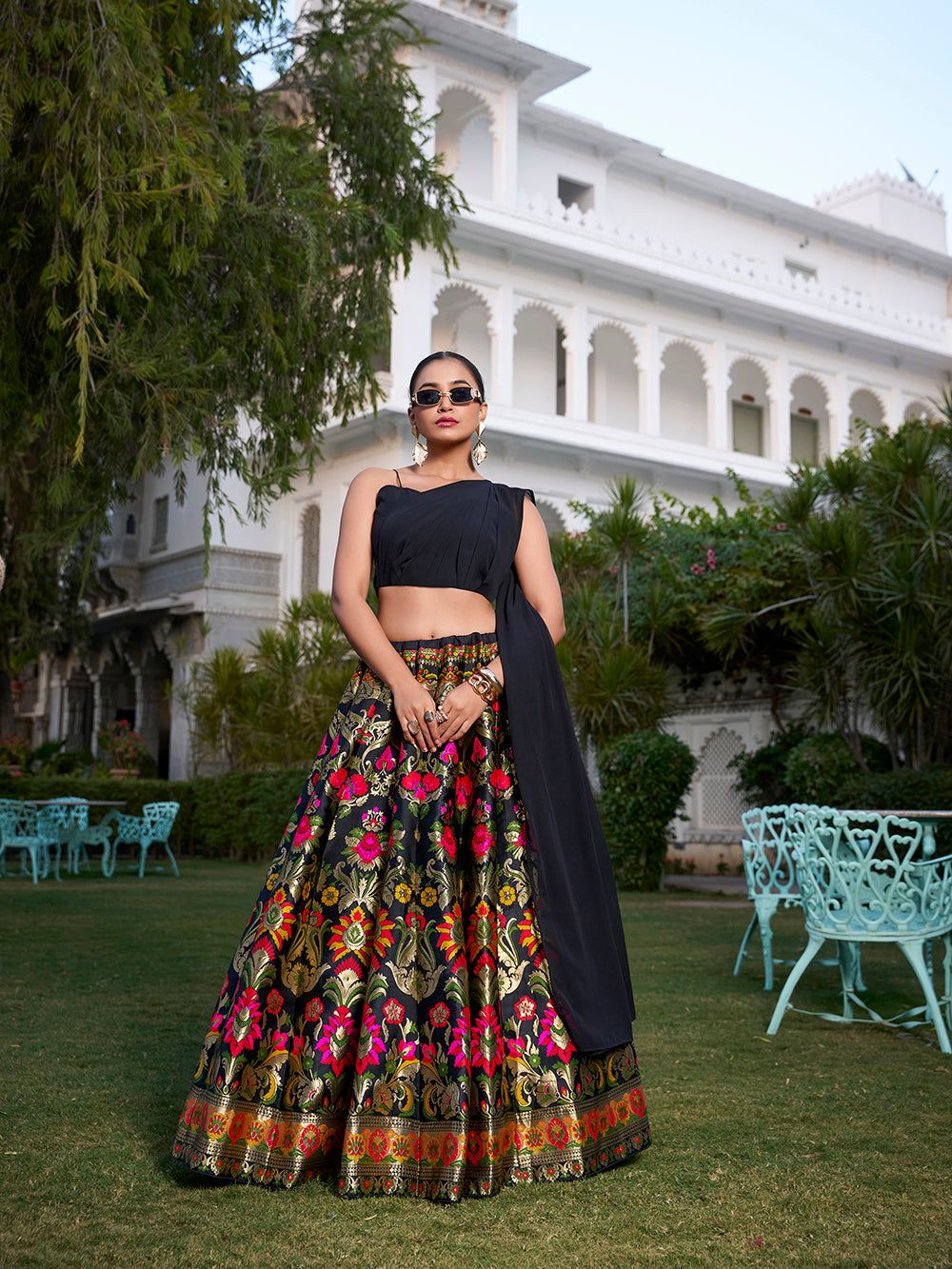 Black banarasi silk crop top lehenga with zari weaving attached dupatta