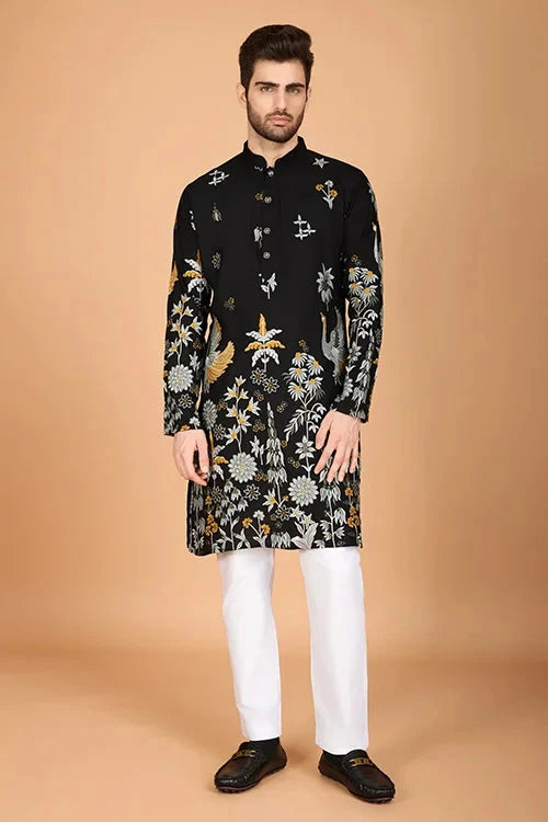 Black Designer Viscose Rayon Men's Kurta