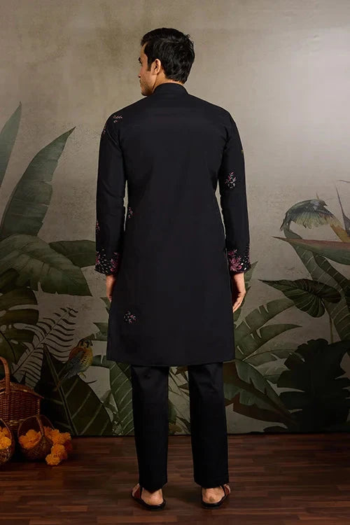 Black Mirror Work with Embroidered Kurta Set for Men