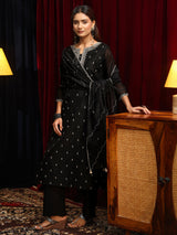 Libas Black Ethnic Embroidered Chanderi Silk Straight Suit Set