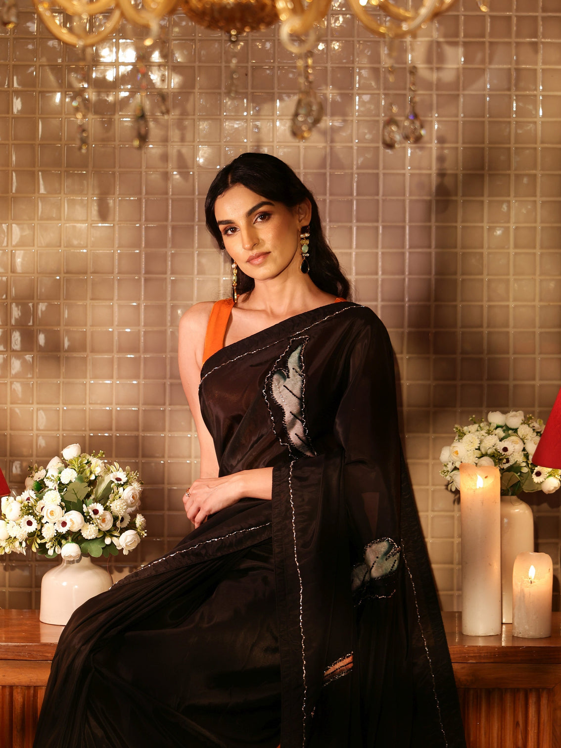 Mameraa Black Floral Embroidered Silk Blend Saree