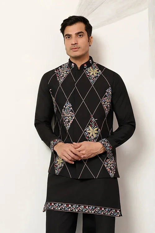 Premium Wedding Black Koti Kurta Pajama for Mens Wear
