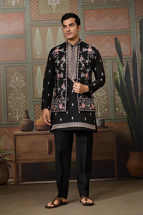 Black Mens Kurta with Stylish Koti for Wedding Wear