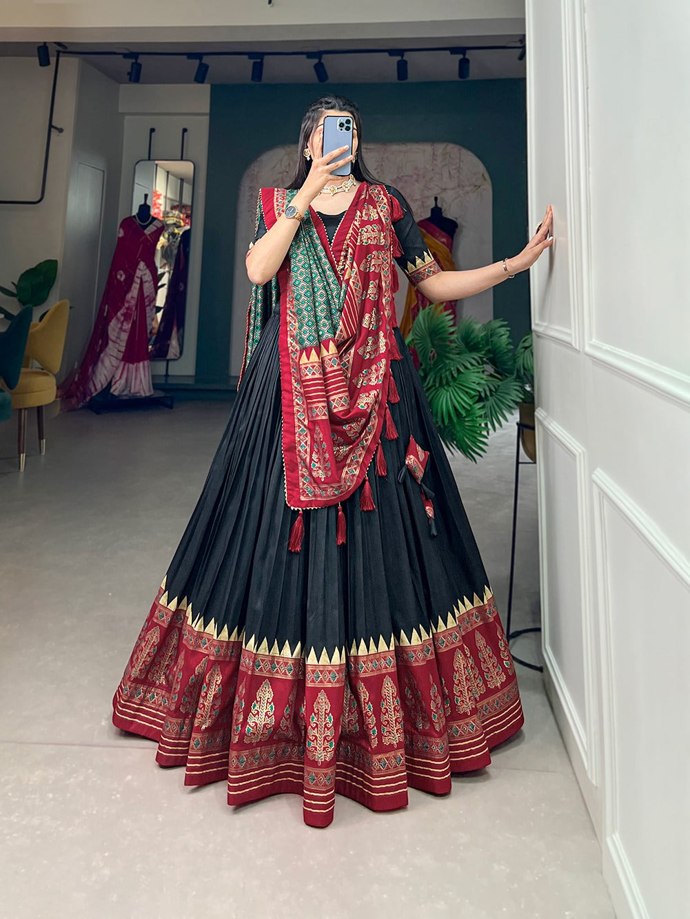 Black Color Printed Tussar Silk Lehenga Choli