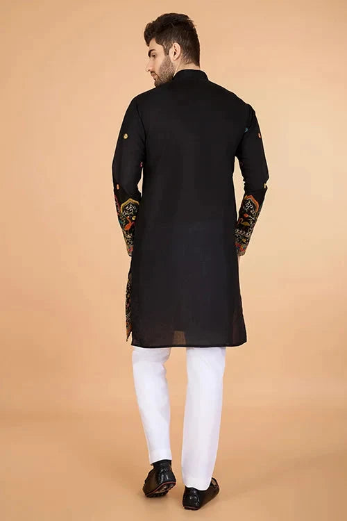 Black Viscose Silk Men's Designer Kurta