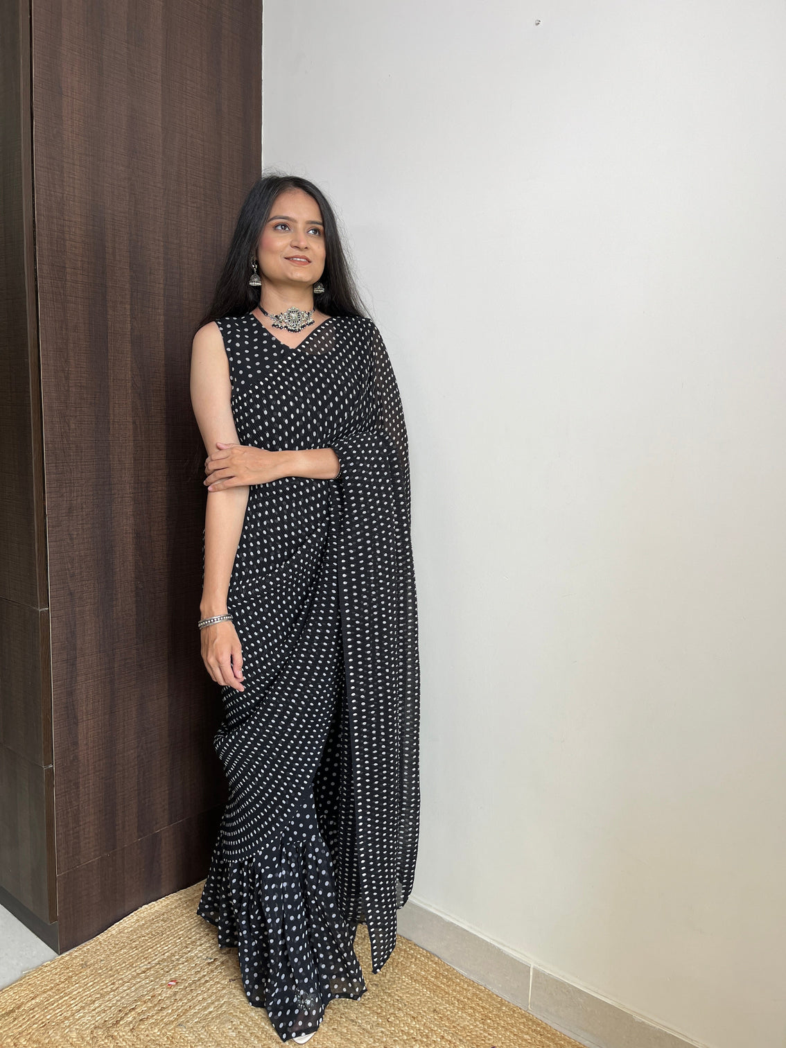Black Faux Georgette Gown Saree with Digital Prints - Polka Print