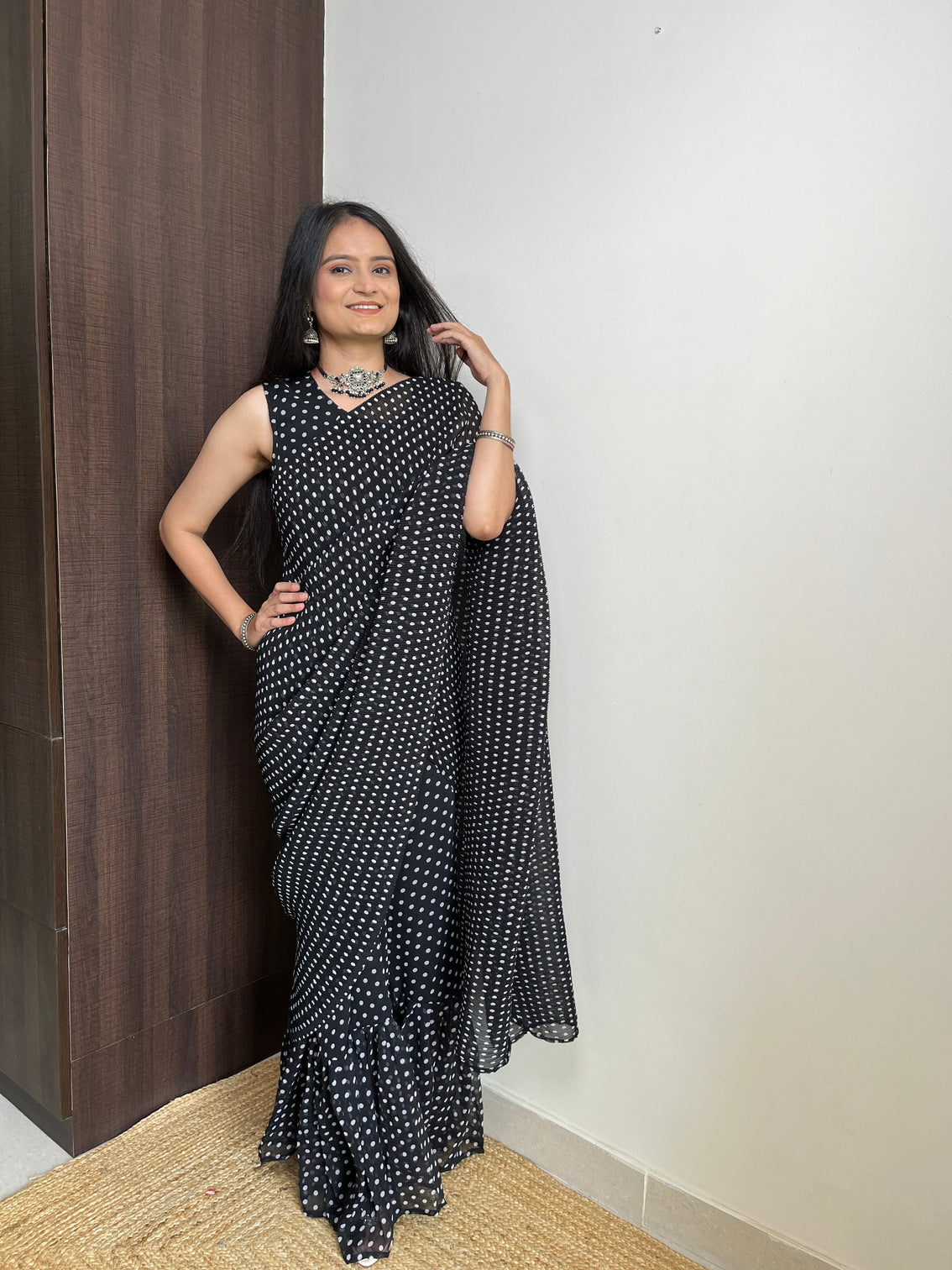 Black Faux Georgette Gown Saree with Digital Prints - Polka Print
