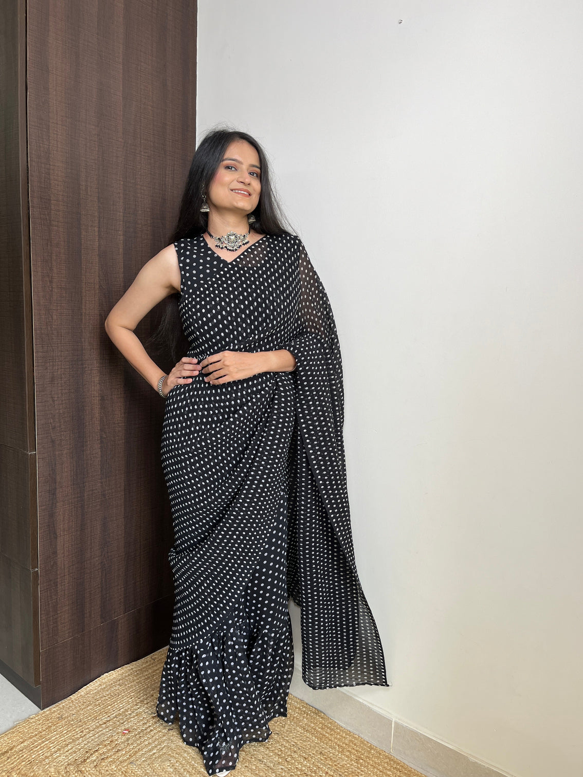 Black Faux Georgette Gown Saree with Digital Prints - Polka Print