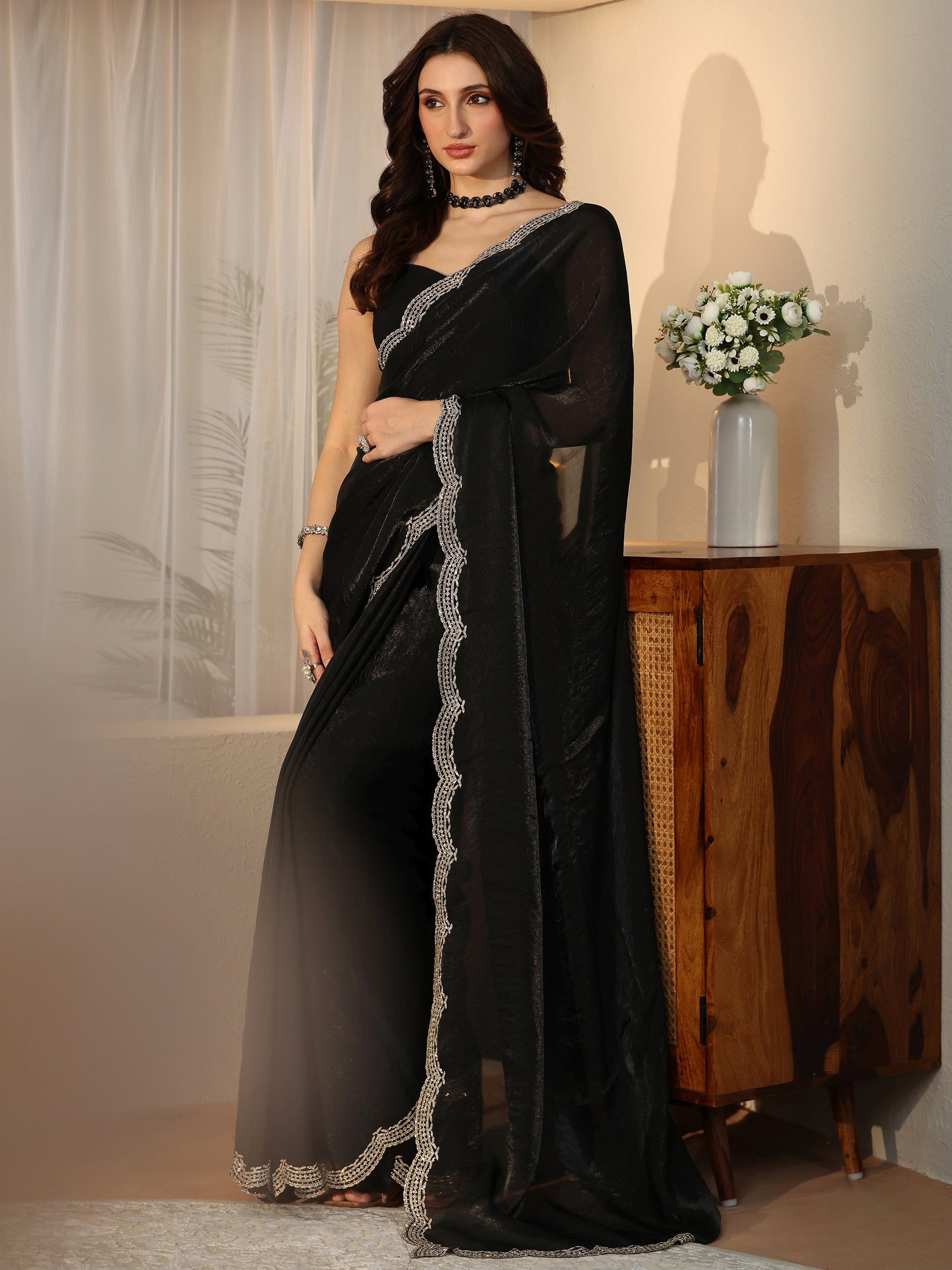 Libas Black Silk Blend Saree with Embellished Border