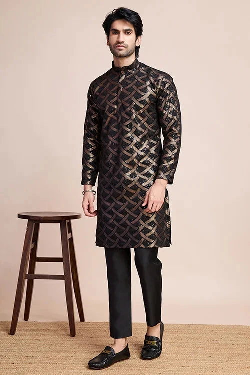 Designer Black Silk Kurta for Men - Festival Ready Wear