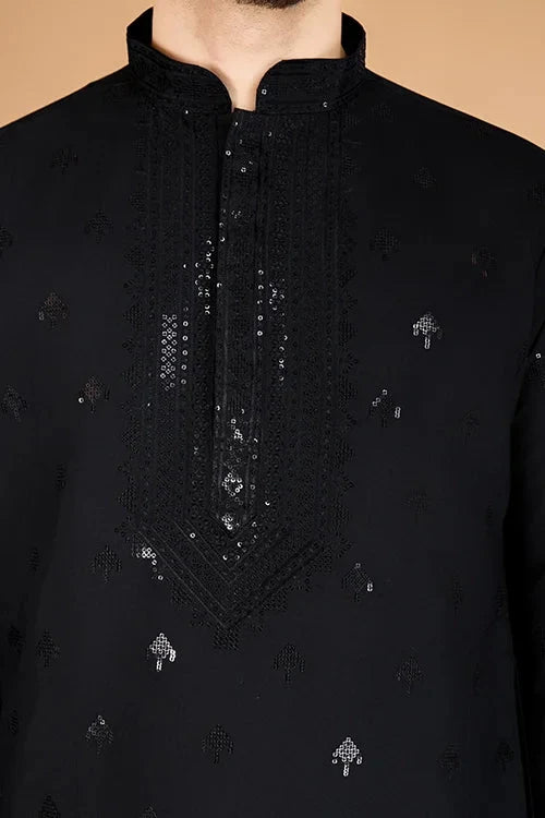 Stylish Black Kurta for Men with Thread Work Design