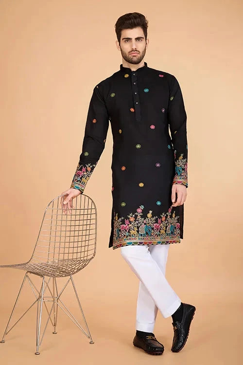 Black Designer Viscose Silk Kurta with Thread Work
